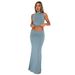 Women's Clothing Comfortable Solid Color Round Neck Sleeveless Top Waist Skirt Suit_ecoleips.com