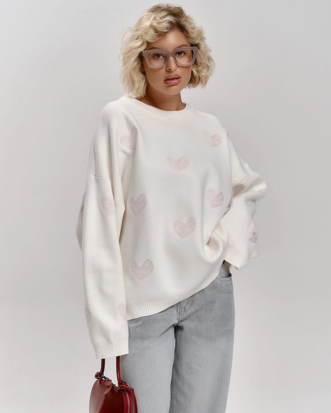 Oversized Heart Embroidered Sweater – Chunky Knit Round Neck Pullover, Cozy & Cute For Fall/Winter (Soft Pink)_ecoleips.com