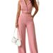 Summer Women's Elegant V-Neck Sleeveless Pleated Elastic Waist Top And Loose Straight Leg Trousers Set Style_ecoleips.com