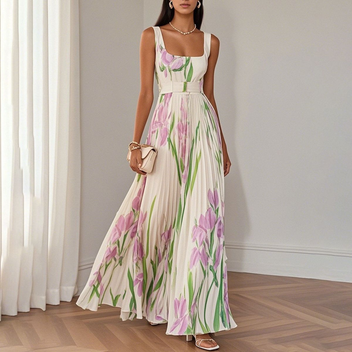 Women's Clothing Formal Pleated Floral Dress Elegant A-Line Evening Gown With Ruffled Hem Stretchy Polyester Blend For Weddings Parties_ecoleips.com