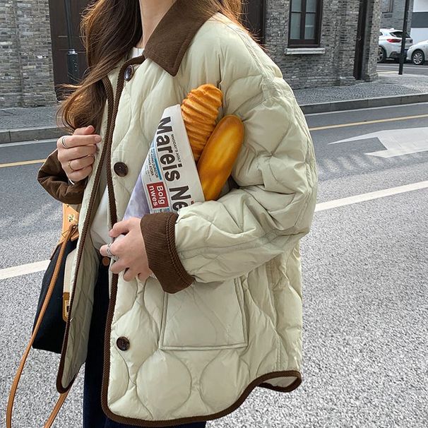 girl Girl Girl Girl 2025 New Korean Style Short 90 White Duck Down Jacket With Color-Block Design And Diamond Pattern Turn-Down Collar For_ecoleips.com