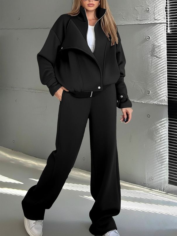 Women's Fleece Lined Warm Coat And High Waisted Straight Leg Pants Set Style Minimalist Design Casual Outfit_ecoleips.com
