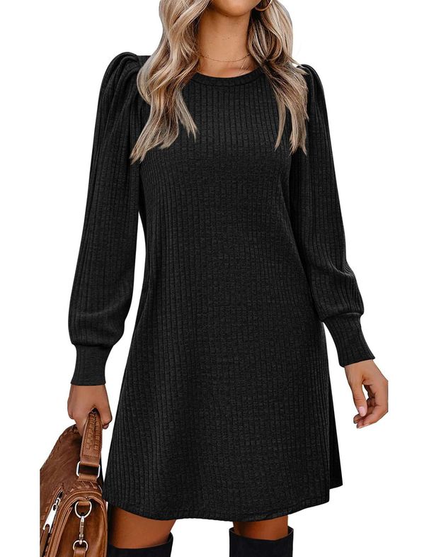 K European And American Fashionable Women's Dress With Knitted Bubble Sleeves, Long Sleeved Round Neck, Casual Loose Dress With Pockets_ecoleips.com