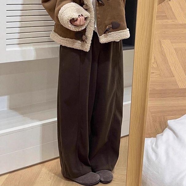 Aria Basics 380g Starry Sky Woolen Coffee-colored Wide-leg Pants, Women's Winter Plus-size Casual Long Sweatpants_ecoleips.com