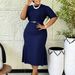African Summer Women's Dress Solid Color Round Neck Short Sleeve Fashionable Commuting Slim Fit Plus Size_ecoleips.com