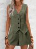 Women's Clothing V-Neck Button Vest & Shorts Set – Elegant Office Wear (S-XXL, Army Green/Beige/Khaki/Black/White)_ecoleips.com
