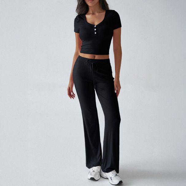Spring And Summer Women's Wear Y2k Sporty Casual Style U-Neck T-Shirt And Long Pants Knitted Two-Piece Set_ecoleips.com