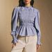 Blue Striped Blouse Ruffle Trim Puff Sleeves Elegant Retro Fit Women Casual Office Wear S M L_ecoleips.com