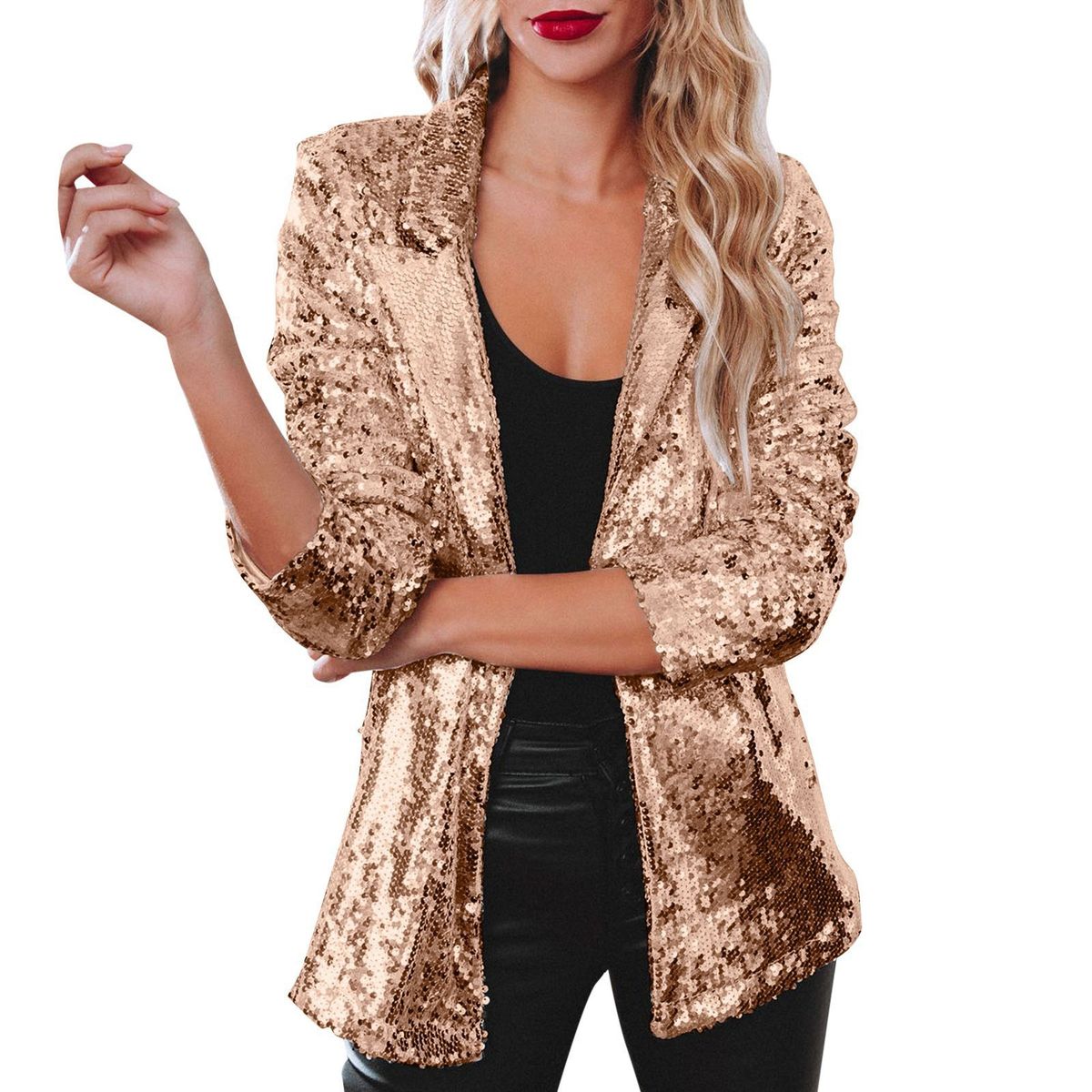 Women's Clothing new commuter style cardigan lapel long sleeved sequined casual suit_ecoleips.com