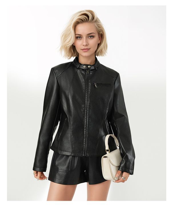 "Tailored PU Leather Jacket For Women - Slim Fit Washed Faux Leather Coat With Stand Collar & Belt Detail, Office & Night Out Essential (Black)"_ecoleips.com