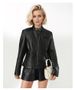 "Tailored PU Leather Jacket For Women - Slim Fit Washed Faux Leather Coat With Stand Collar & Belt Detail, Office & Night Out Essential (Black)"_ecoleips.com