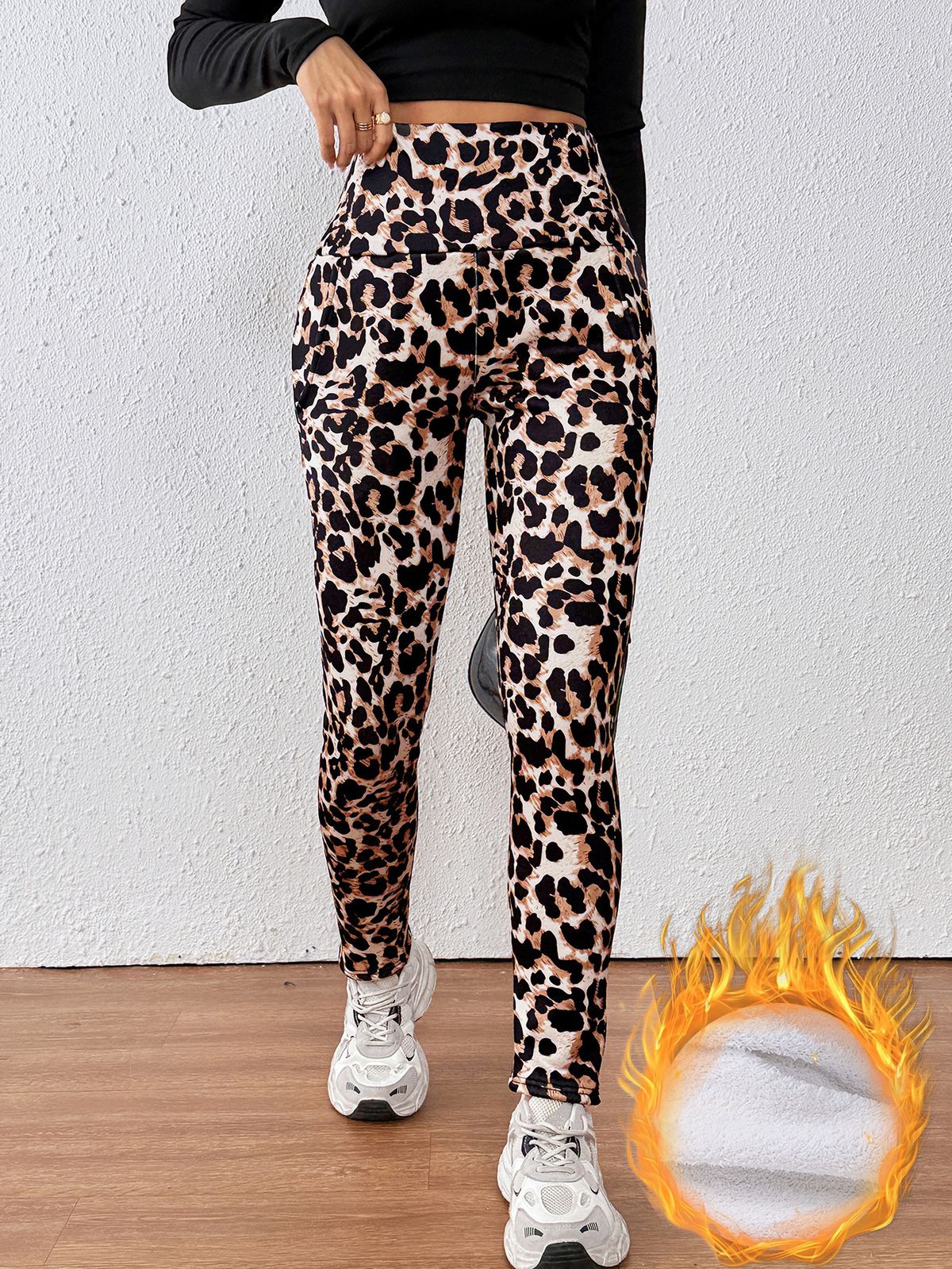 Women's Clothing Women's High-Waisted Slimming Leggings Leopard Print Fleece Lined Warmth Side Pocket Design Autumn Trendy Bottoms_ecoleips.com