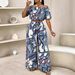 Chappesley Vintage Print Two Piece Set for Women off Shoulder Puff Sleeve Crop Top High Waisted Wide Leg Pants Drawstring_ecoleips.com