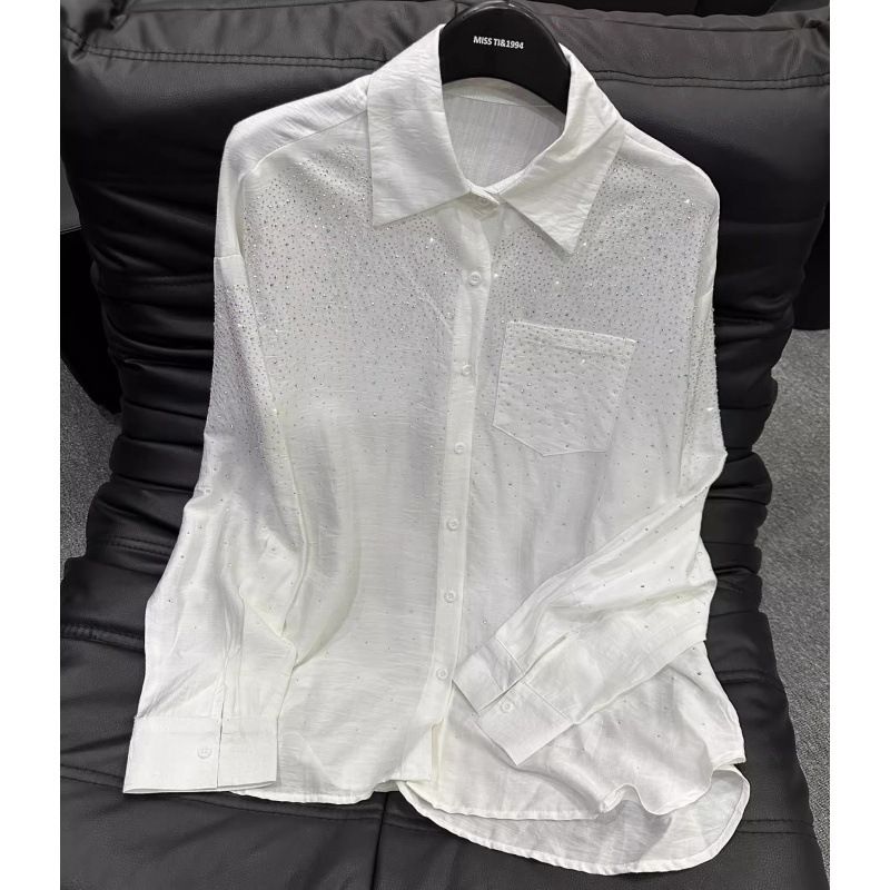 Women's Clothing Diamond Lapel White Shirt For Women Spring And Summer New Design Loose Slim Diamond Shirt_ecoleips.com