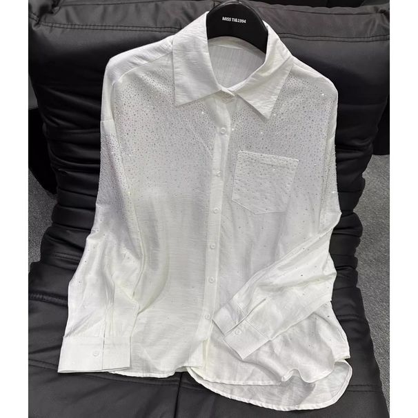 Women's Clothing Diamond Lapel White Shirt For Women Spring And Summer New Design Loose Slim Diamond Shirt_ecoleips.com