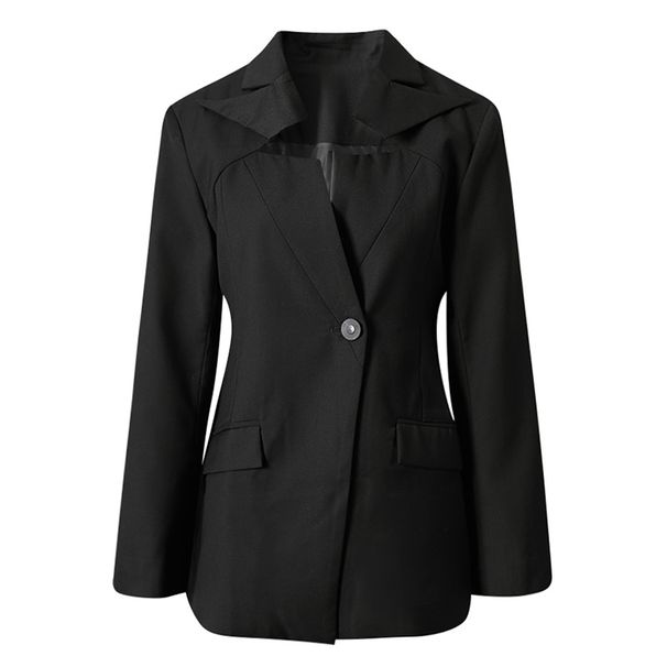 Black Asymmetric Lapel Blazer With Waist-Defining Cut And Subtle Cut-Out Detail, Slim-Fit Women's Office Wear Jacket_ecoleips.com