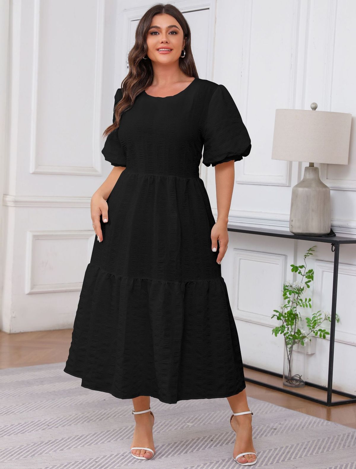 Women's Clothing Plus Size Women's Round Neck Dress Pleated Layered Bohemian Long Skirt_ecoleips.com