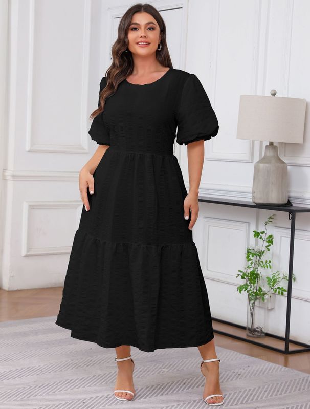 Women's Clothing Plus Size Women's Round Neck Dress Pleated Layered Bohemian Long Skirt_ecoleips.com