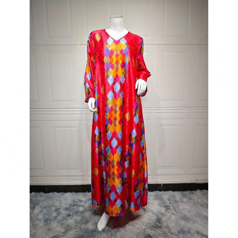 Muslim Printed Rhinestone V-neck Elegant Sleeve Women's Long Dress Robe_ecoleips.com