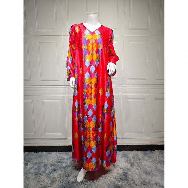 Muslim Printed Rhinestone V-neck Elegant Sleeve Women's Long Dress Robe_ecoleips.com