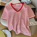 Women's Clothing Summer Style Women's T-Shirt V Neck Striped Short Sleeve Ice Silk Knit Fashionable Top For Ladies_ecoleips.com