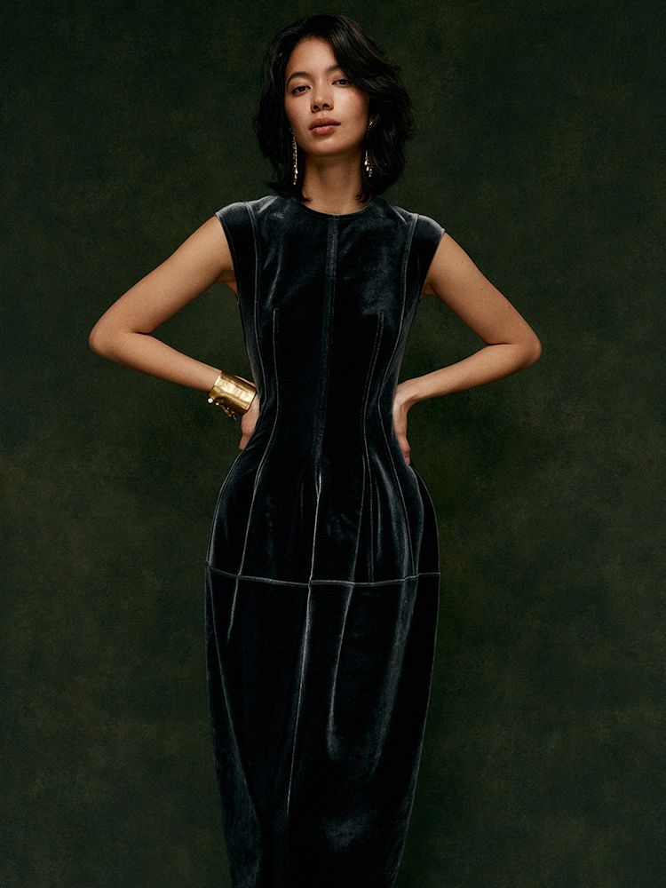 Lautaro Spring Summer Long Luxury Elegant Fitted Sleeveless Soft Velvet Dresses For Women High Waist Luxury Designer Clothes_ecoleips.com