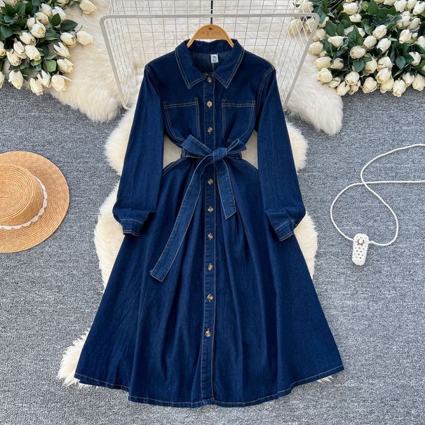 Women's Retro Style Denim Dress With Lapel Long Sleeves Tie Waist Single Breasted A-Line Knee Length Skirt_ecoleips.com