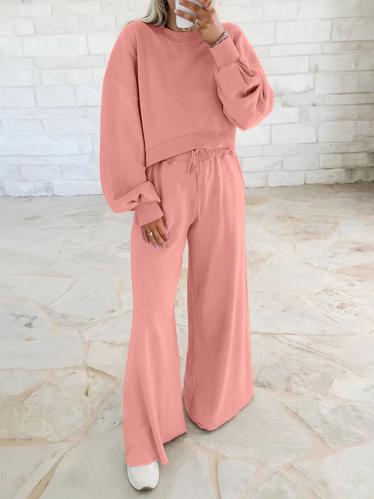 Women’s Oversized Drop-Shoulder Bubble Sleeve Top & Drawstring Wide-Leg Pants Set – Casual Lounge Two-Piece (6 Colors, S-XXL)_ecoleips.com