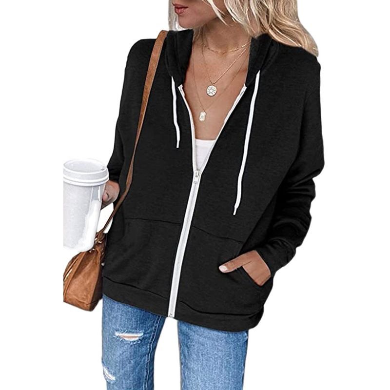 Women's Clothing Autumn And Winter Solid Color Long Sleeved Pocket Drawstring Hooded Zipper Thickened Sweatshirt_ecoleips.com