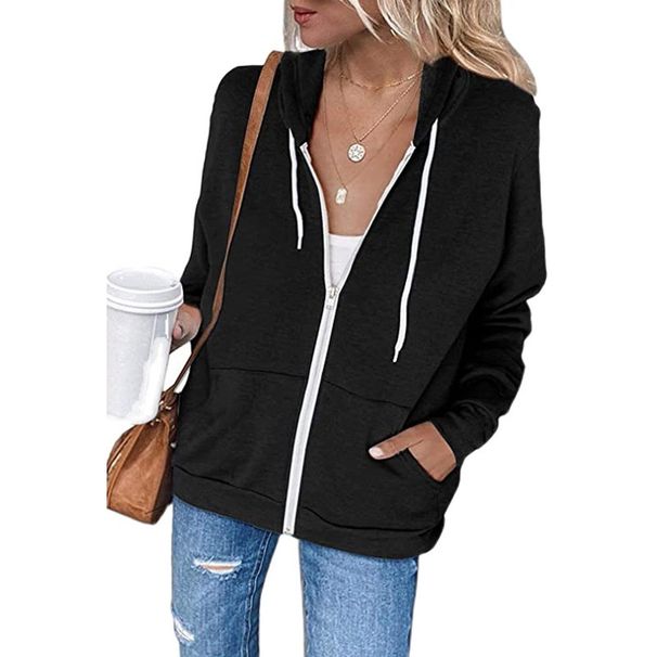 Women's Clothing Autumn And Winter Solid Color Long Sleeved Pocket Drawstring Hooded Zipper Thickened Sweatshirt_ecoleips.com
