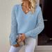 Elegant V-Neck Long Sleeve Knit Top With Lace Detailing – Breathable & Stylish Women’s Casual Blouse For Fall & Spring_ecoleips.com