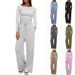 Women's Solid Color Casual Long Sleeved Set High Waisted Wide Leg Pants Sportswear Top And Bottoms_ecoleips.com