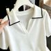 Summer New Korean Style Elegant Collared Knit Sweater Color Block Elegant Knit Short Sleeve T Shirt_ecoleips.com