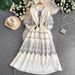Women's Bohemian Style Embroidered Dress Three Quarter Sleeve Tie Waist Slimming over the Knee Long Skirt Summer Style_ecoleips.com