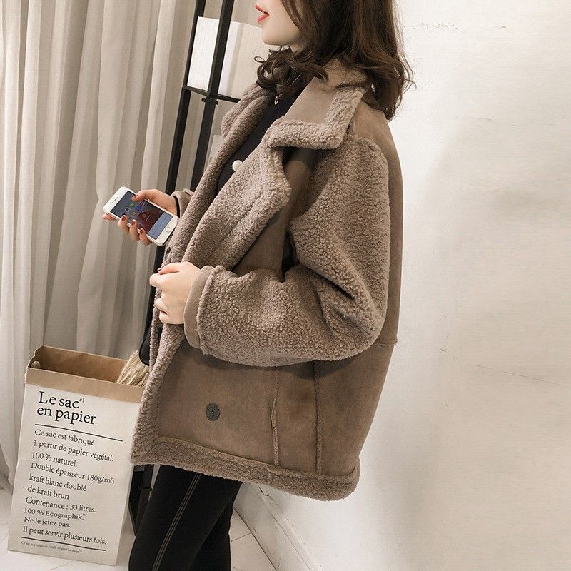 Women's Faux Suede Faux Fur Lined Short Jacket - Winter Cozy Fleece Outerwear Loose Fit Bomber Style, Button Zipper Closure (Khaki, Beige, Coffee)_ecoleips.com
