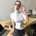 White Turtleneck Short-sleeved Front Shoulder T-shirt For Women's Summer Tight Fit, Slim Fit Inside, Base, Spice Girl, Waist Show_ecoleips.com