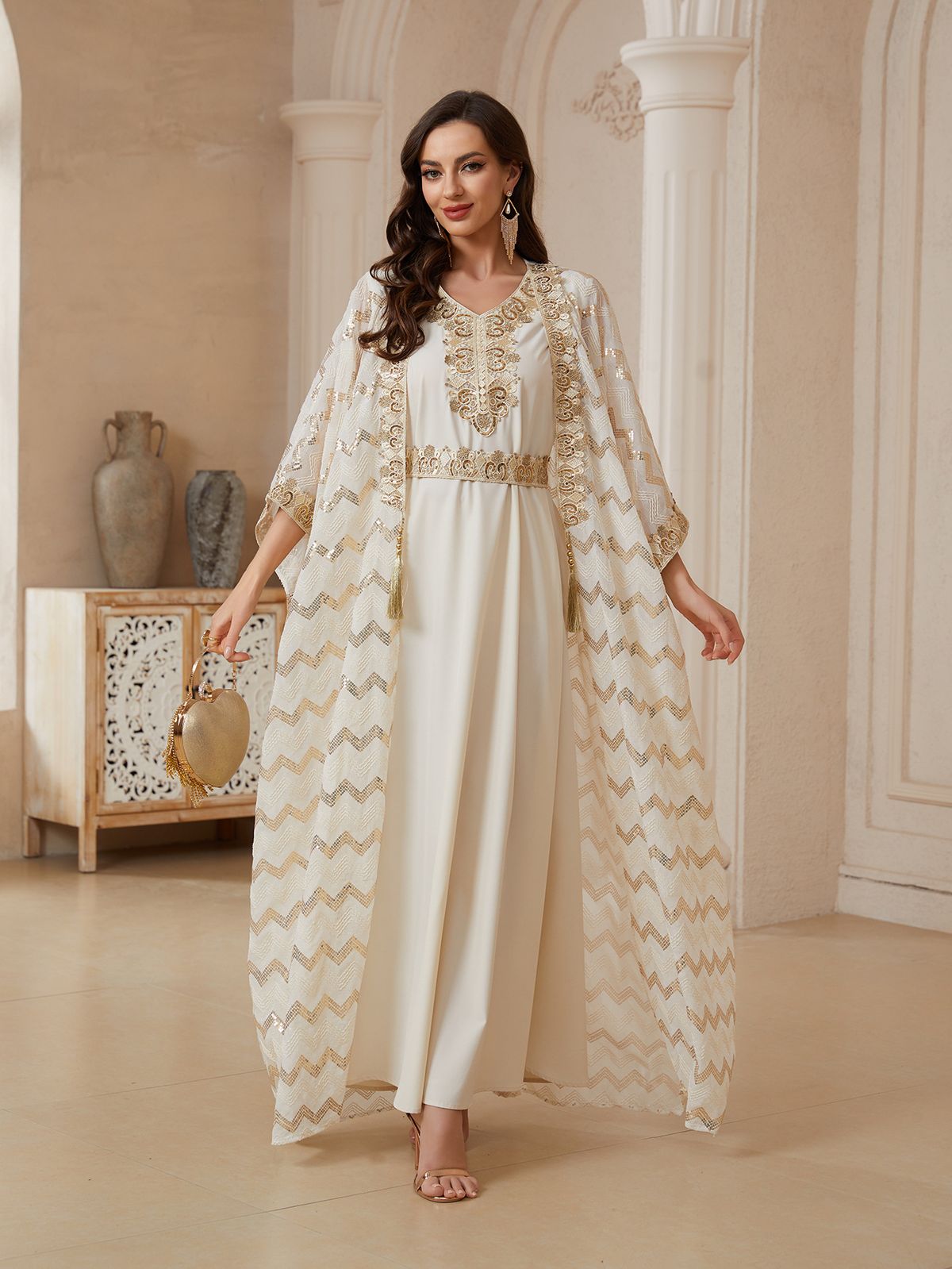 Modest Abaya Dress Women's Clothing Middle East Style Sequin Two Piece Robe Dress Polyester_ecoleips.com