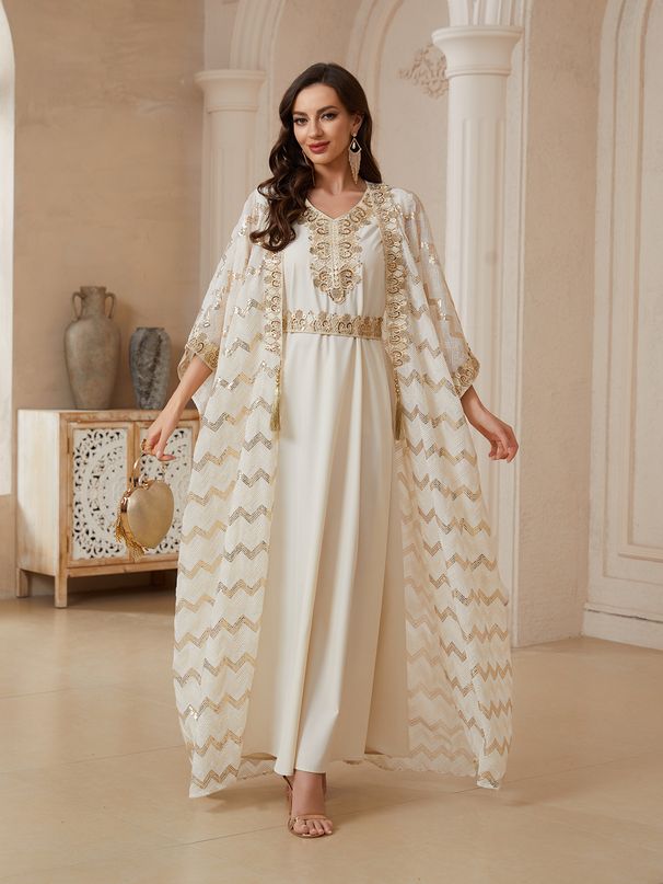 Modest Abaya Dress Women's Clothing Middle East Style Sequin Two Piece Robe Dress Polyester_ecoleips.com