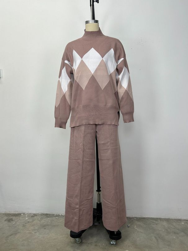 European American Women's Fashion 2025 Autumn Diamond Color Block Lazy Style Pullover Knitted round Neck Sweater Set_ecoleips.com
