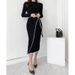 Korean Chic Women's Knitted Dress Autumn Winter Retro High Collar Color Block Mid-Length Slim Fit Strappy Niche Fashion_ecoleips.com