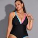 New Color Blocked One Piece Plus Size Swimsuit, Sexy Back Bikini For Chubby Girls, Beach Swimwear_ecoleips.com