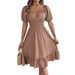 Real Shot Of 2026 Spring/Summer European And American Casual Square-neck Short-sleeve Waist-cinching Ruffle A-line_ecoleips.com