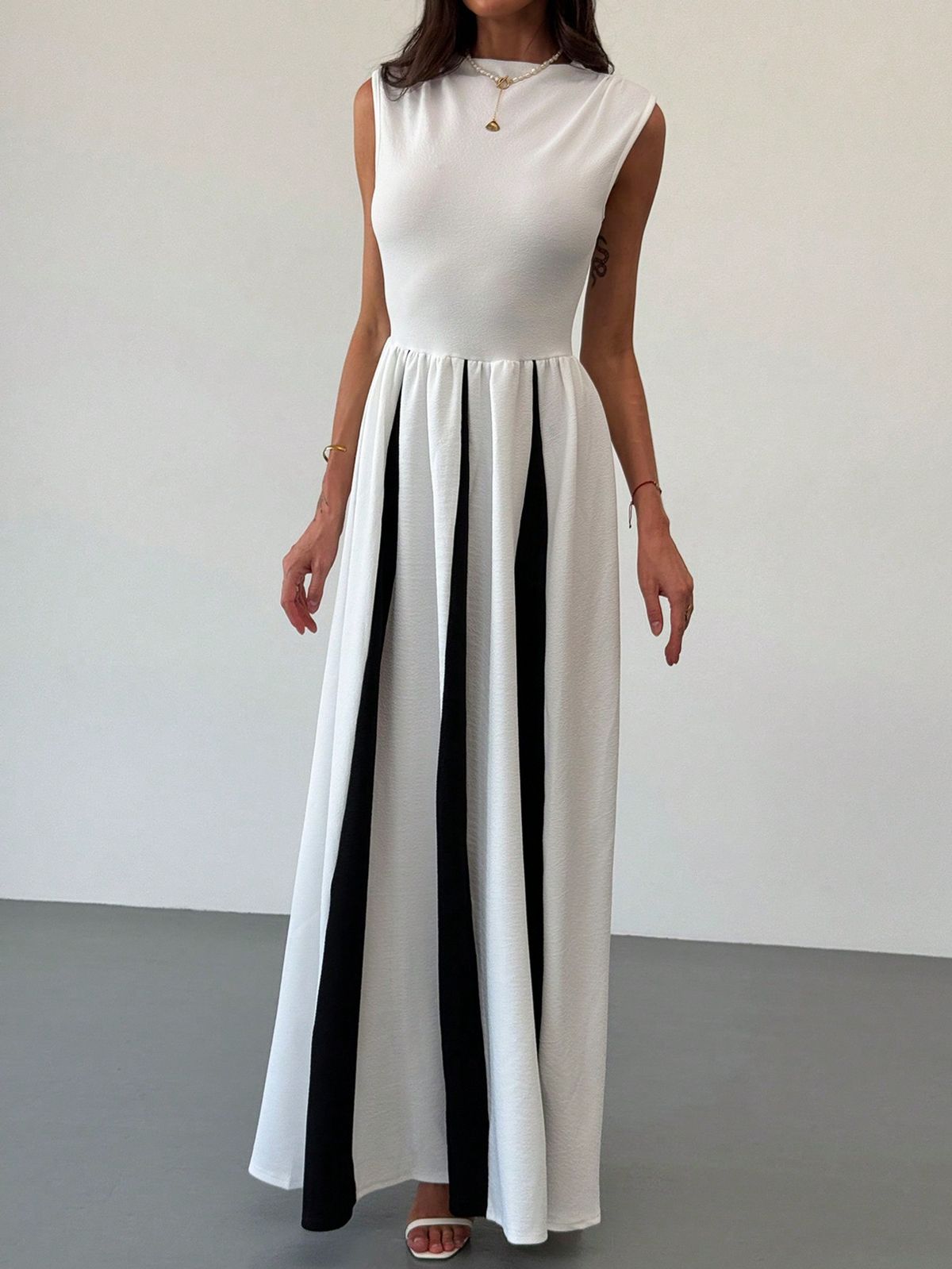 Women's Clothing Elegant Round Neck Sleeveless Waist Contrast Stitching Dress Fashionable Evening Dress Ladies Long Skirt_ecoleips.com