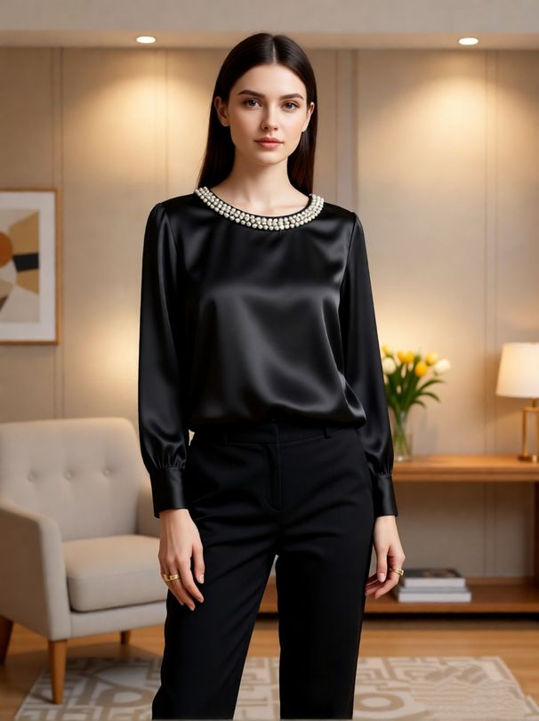 Elegant Satin Blouse With Pearl Accents For Women | Round Neck Long Sleeve Top | Chic & Versatile For Office & Casual Wear_ecoleips.com