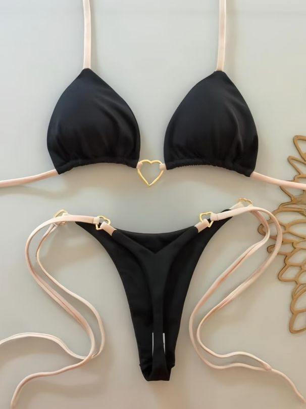 Aria Basics 2025 New Nylon Solid Color Heart-Shaped Bikini Set Low-Waist Tie-Up European And American Fashion Biquini_ecoleips.com