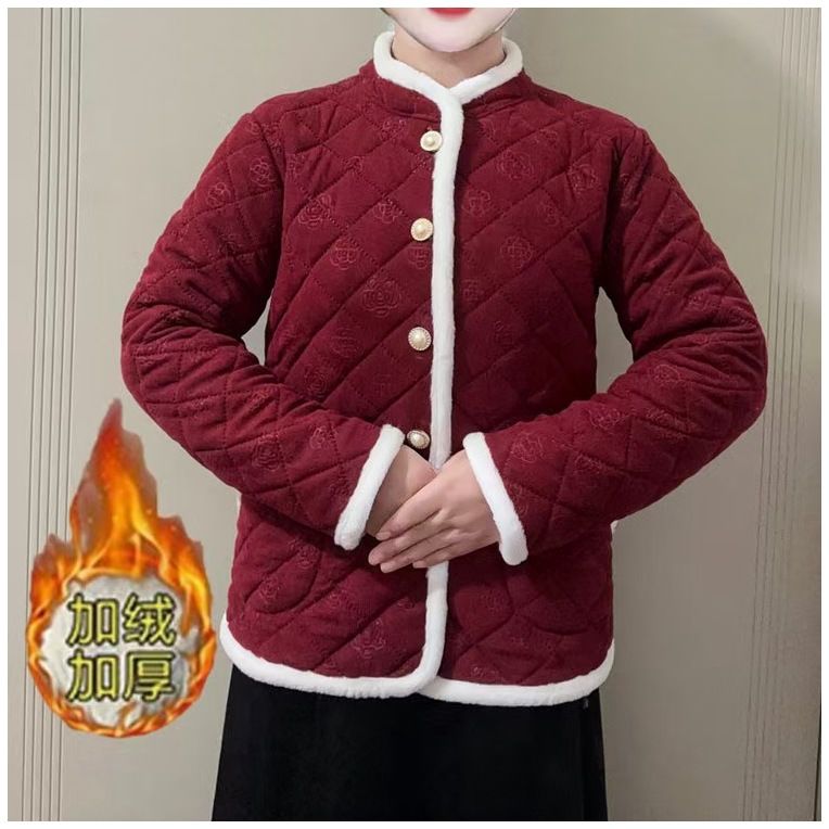 girl 2024 Winter Fleece-Lined Thickened For Women, Warm Cotton Coat, Chinese Style Loose Long-Sleeve Top, Large Floral Jacket_ecoleips.com
