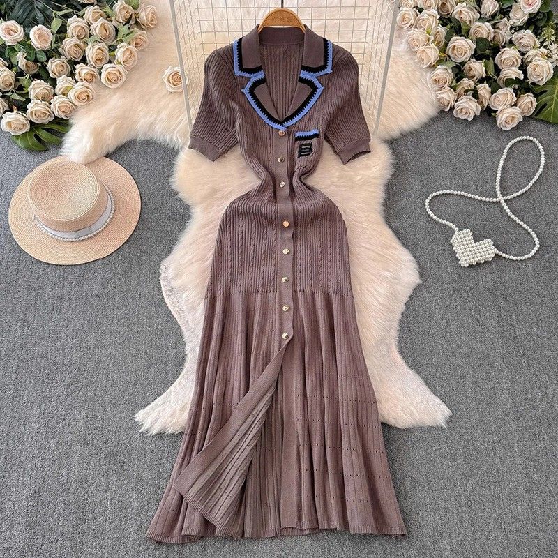 French Robe for Women Polo Collar Embroidered Long Skirt Slim Knitted Dress Elegant Temperament Cross Border Foreign Trade_ecoleips.com