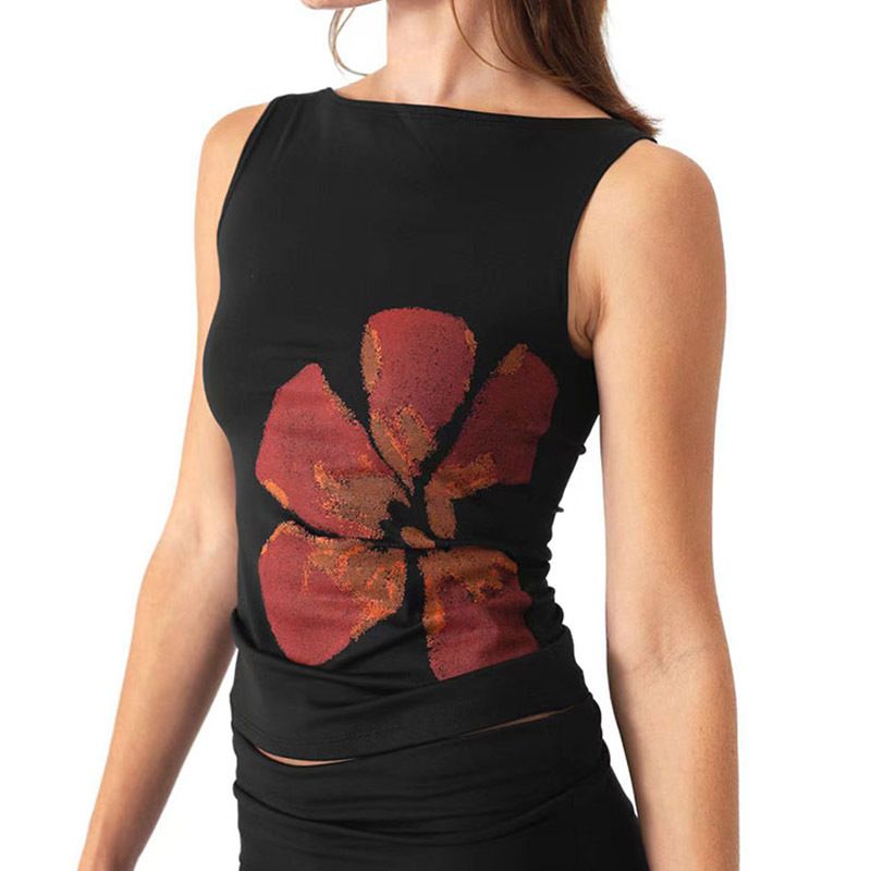 Women's Slim Fit Floral Print Vest Sleeveless round Neck Pullover T-Shirt European American Style Hot Girl Clothing_ecoleips.com