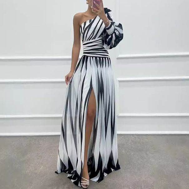 K New Printed Slanted Shoulder Slit Dress, Casual And Loose Party Dress_ecoleips.com