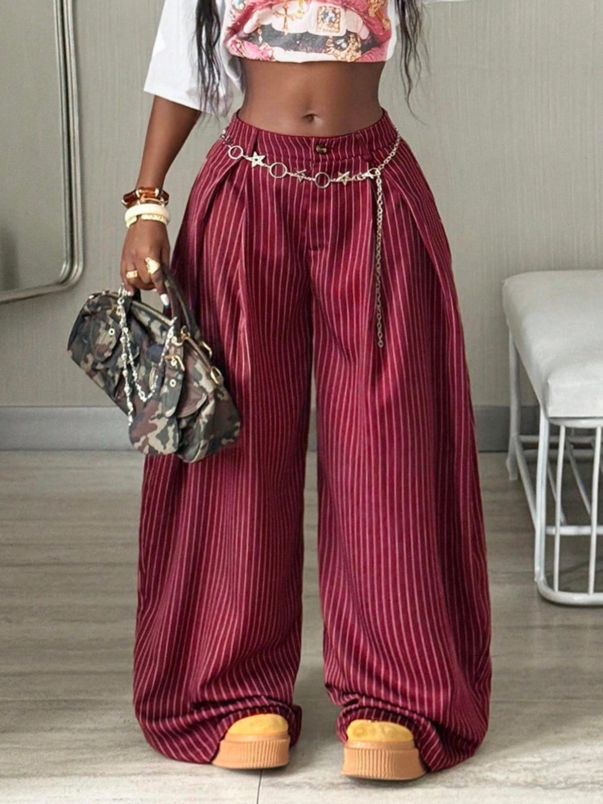 High-Waisted Pleated Loose Floor-Length Suit Trousers Women's Casual Pinstripe Streetwear European American Trendy_ecoleips.com